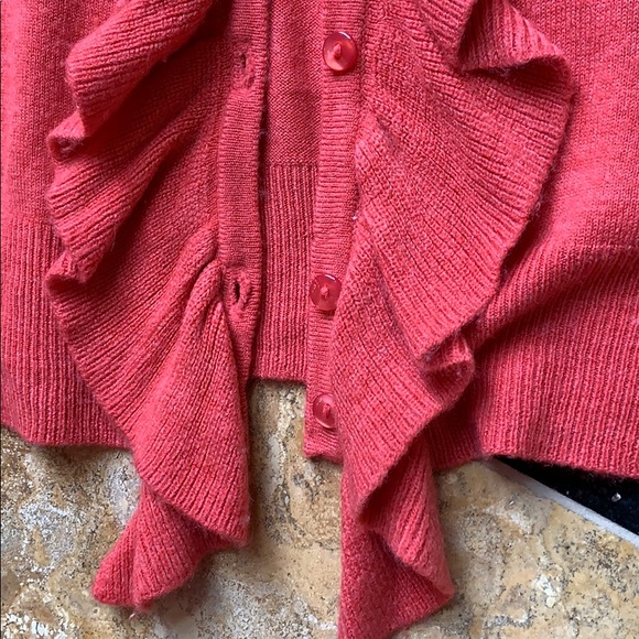 New York & Company ruffle front coral V-Neck cardi - Picture 4 of 8